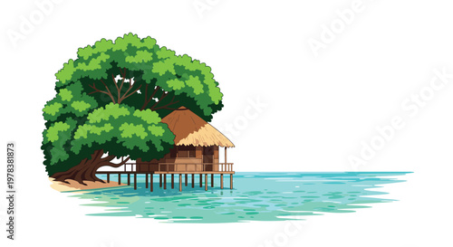 Wooden hut on stilts is nestled under a large leafy tree over clear turquoise water in a tranquil and secluded tropical island getaway environment.