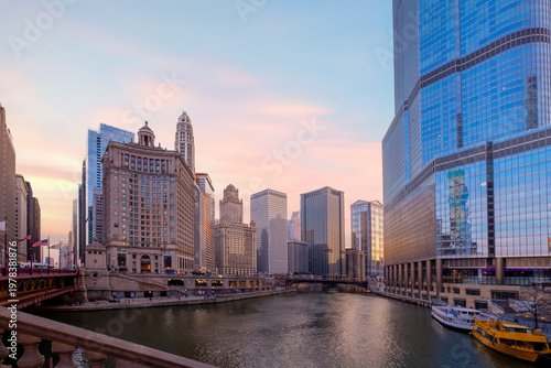Chicago River front buildings at the end of Magnificent Mile, USA