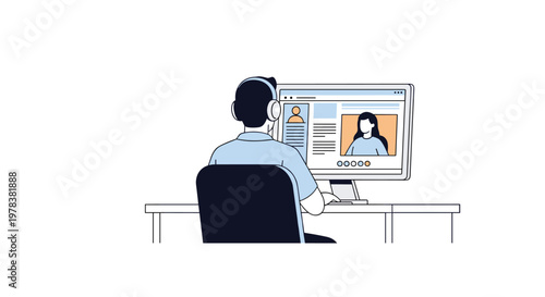 A digital illustration depicts a focused individual wearing professional headphones while participating in a private video call on a desktop monitor.
