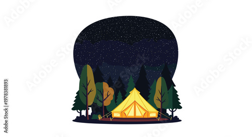 A vibrant yellow canvas tent glows brightly amidst a dense, dark coniferous forest under a vast, sparkling starry night sky with deep indigo tones.