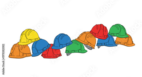 Vibrant construction safety hard hats in various colors are arranged in a dynamic flowing line against a clean white background with bright studio light.