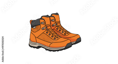 A pair of vibrant orange hiking boots with dark grey accents and rugged rubber soles stands ready for outdoor adventure against a clean white background.