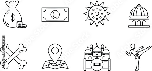 Money Bag, Currency Note, Sun, Dome Building, Bones, Map Location, Palace and Martial Arts Icon Set for Finance, Travel and Culture Concepts