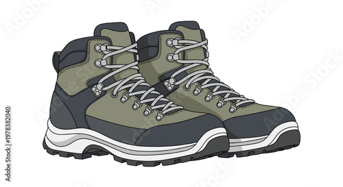 A pair of rugged olive green and dark grey hiking boots with metallic eyelets and thick textured rubber soles stands ready for travel on white background.