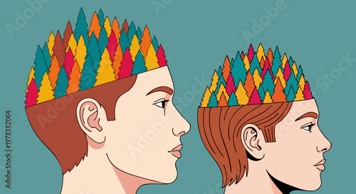Conceptual mental health vector illustration, human heads with colorful pine tree forest growing inside, psychological growth and mindfulness concept