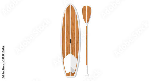 Natural wooden stand-up paddleboard with a matching long oar rests against a pristine white background in a minimalist studio setting with soft lighting.