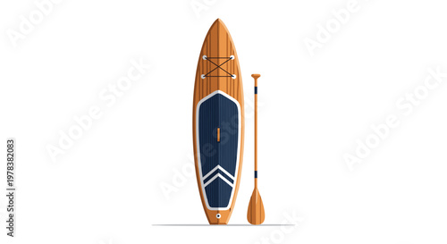 A sleek wooden stand-up paddleboard with a dark blue deck pad and matching wooden paddle stands upright against a clean white background in bright light.