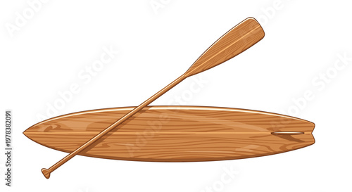 A natural wood grain surfboard with a wooden paddle crossed over it rests horizontally against a clean white background in bright professional studio light.