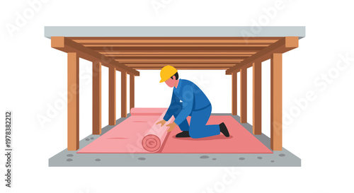 Professional construction worker carefully unrolls pink fiberglass insulation between wooden floor joists in a bright and airy unfinished basement space.
