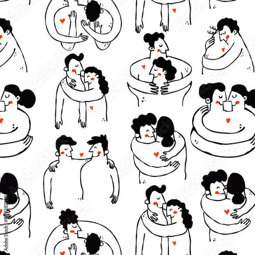 Love and human support naive seamless pattern bold line vector isolated cute illustrations of people hugging and red hearts for sticker print and branding