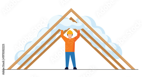 Dedicated technician installs soft white insulation batts into the wooden rafters of an attic frame under a warm and glowing sunset sky background.