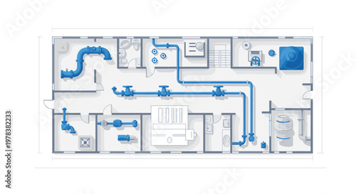 Intricate blue piping system layout displayed on a detailed architectural floor plan for a modern facility with multiple rooms and utility connections.