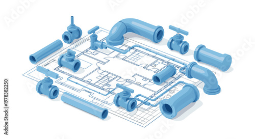 Isometric arrangement of blue industrial plumbing components including valves and elbows resting on a detailed technical blueprint for building systems.