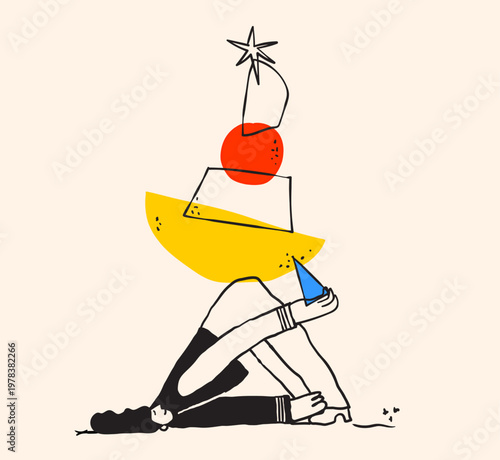 Life balance and mental health naive bold vector isolated cute illustration of a female character balancing geometric shapes for sticker print and branding