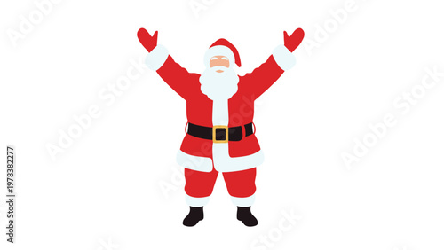 Flat design illustration of santa claus in his red suit with arms raised in a joyful and welcoming gesture.