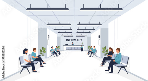 Diverse patients sit patiently on modern chairs within a bright clinical infirmary waiting area featuring clean white walls and soft ambient lighting.
