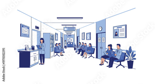 Stressed individuals wait in a serene blue-toned hospital corridor adorned with framed certificates while a nurse reviews documents near the entrance.