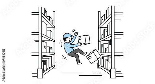 A warehouse worker in a blue uniform slips and falls backward as cardboard boxes tumble from high storage shelves within a busy industrial facility aisle.