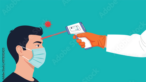 Medical professional in gloves using an infrared thermometer to check a masked man for fever during a pandemic.