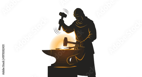 Blacksmith forging metal on anvil with hammer, creating sparks and glowing metal.
