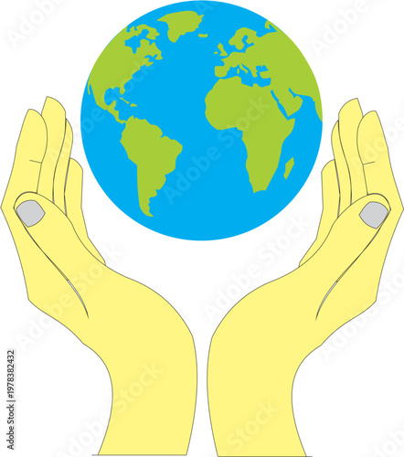 hands holding earth, Two stylized yellow hands positioned upward cradle the Earth. The globe features blue oceans and green continents