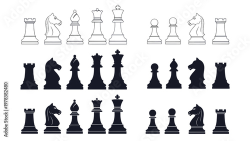 Various sets of chess pieces including king queen bishop knight rook and pawn in both solid and outline styles.