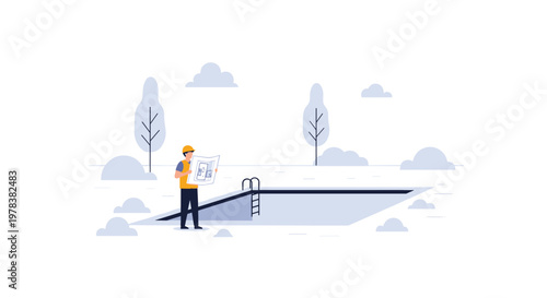 Construction worker standing in a sparse, minimalist landscape holding a blueprint near an empty, rectangular swimming pool excavation site in vector art.