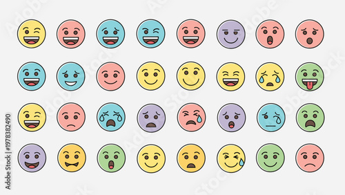 Colorful collection of forty different emoji icons with various facial expressions and colors for digital communication.