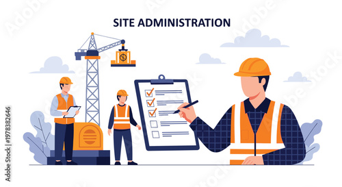 Construction workers in safety gear operate near a large crane while checking off tasks on a clipboard in a bright and organized industrial work site.