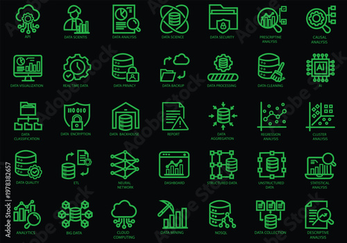 Data Driven icon set. Containing algorithm, big data, analysis, analytics, data mining, machine learning, ai, visualization, database, predictive, and more. Editable stroke. Vector Illustration