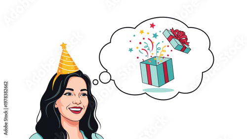 Happy woman wearing a party hat dreaming of an exploding gift box filled with stars and confetti representing celebration and joy.
