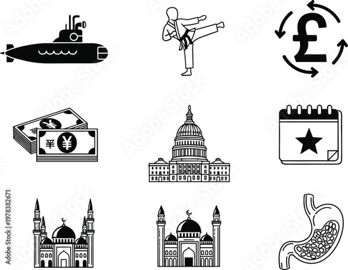 Submarine, Martial Arts Kick, Currency Exchange, Cash Money, Capitol Building, Calendar Star, Taj Mahal, Mosque and Stomach Icon Set for Diverse Concepts