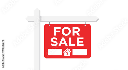 Prominent red sign featuring a house icon with a dollar symbol indicates property for sale attached to a sturdy white wooden post in a professional layout.