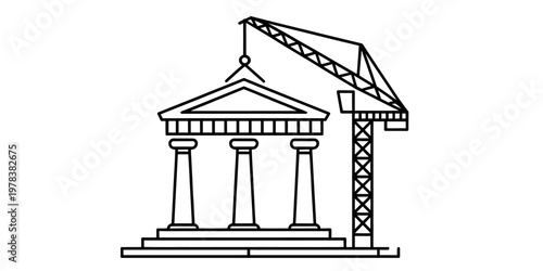 A simple black and white line drawing of a construction crane lifting a classical building roof Vector, illustration