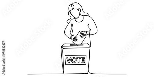 A single continuous line drawing of a woman casting her ballot into a voting box during election Vector, illustration