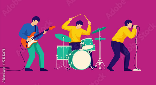Flat vector rock band illustration, indie music group performing on stage, musician characters with guitar drums and singer on purple background