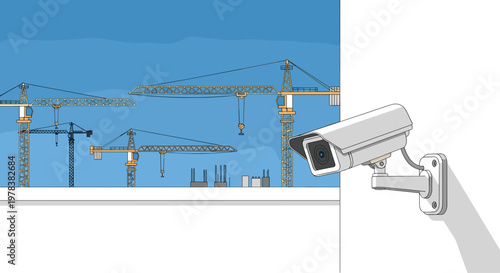 Advanced security surveillance camera monitors an active construction site filled with tall industrial cranes under a clear blue sky in a high-tech setting.