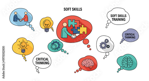 Colorful speech bubbles containing icons of lightbulbs, brains, gears, and puzzles illustrate essential soft skills for professional development and growth.