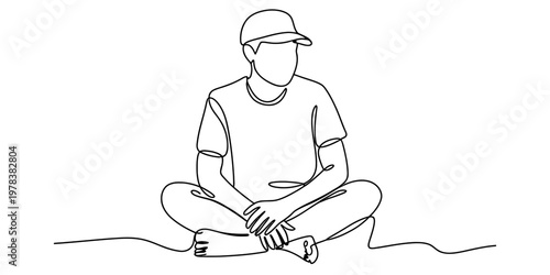 A single continuous line drawing of a person sitting in a relaxed pose wearing a baseball cap Vector, illustration