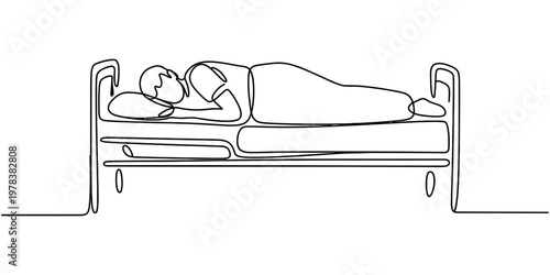 A single continuous line drawing of a person resting peacefully on a bed during the night time. Vector, illustration