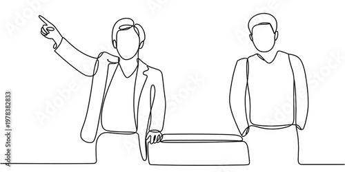 A single continuous line drawing of two men standing together with one pointing at something far Vector, illustration