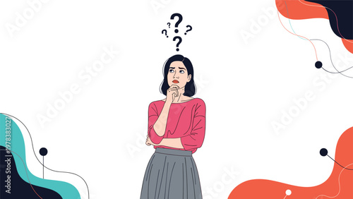 Young woman looking up with a confused expression and question marks above her head representing thinking doubt or problem solving.