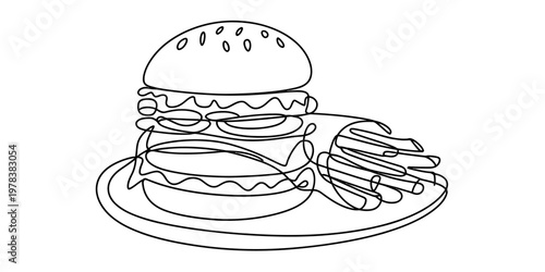 A single continuous line drawing of a delicious hamburger and french fries served on a plate. Vector, illustration