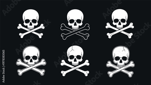 Collection of six different skull and crossbones symbols in white color on a black background representing pirate or danger signs.