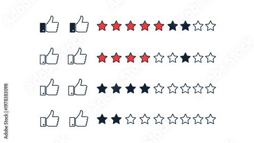 Set of customer feedback icons featuring thumbs up and star ratings from one to five stars for service and product reviews.