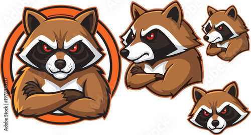 Angry raccoon mascot vector set, fierce procyon lotor sports logo with red eyes, aggressive trash panda character collection for gaming and esports