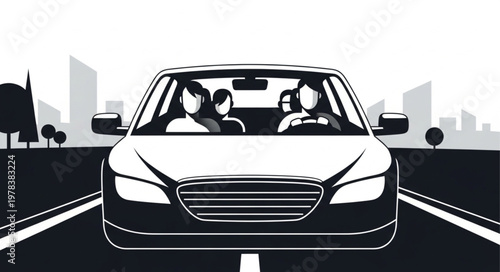 Family driving a car on a highway towards city buildings.