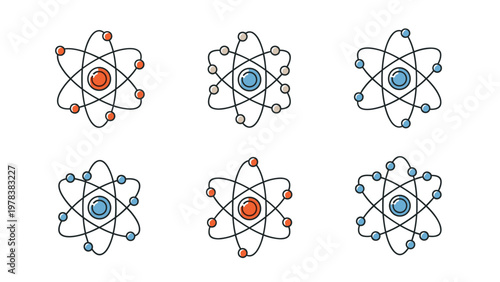 Collection of six colorful atomic models showing different electron shells and nucleus types illustrating scientific chemistry concepts.