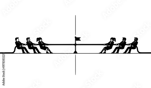 Business tug of war concept vector with corporate teams pulling rope in balanced negotiation competition isolated on white