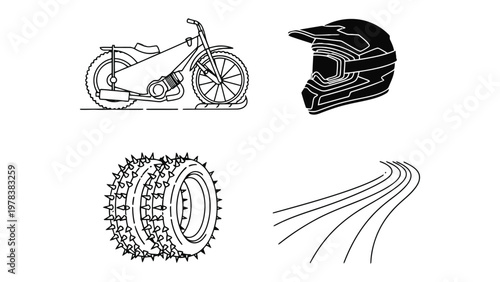 Motorcycle Racing Essentials: An illustration showcasing key elements of motorcycle racing, including a sleek racing motorcycle, a protective helmet, a studded tire, and a winding track.